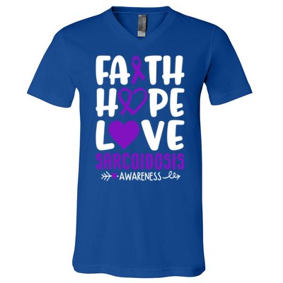 Faith Hope Love Sarcoidosis Awareness Ribbon Heart Purple Gift V-Neck T-Shirt