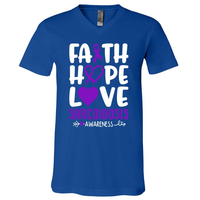 Faith Hope Love Sarcoidosis Awareness Ribbon Heart Purple Gift V-Neck T-Shirt