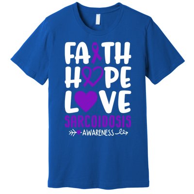 Faith Hope Love Sarcoidosis Awareness Ribbon Heart Purple Gift Premium T-Shirt