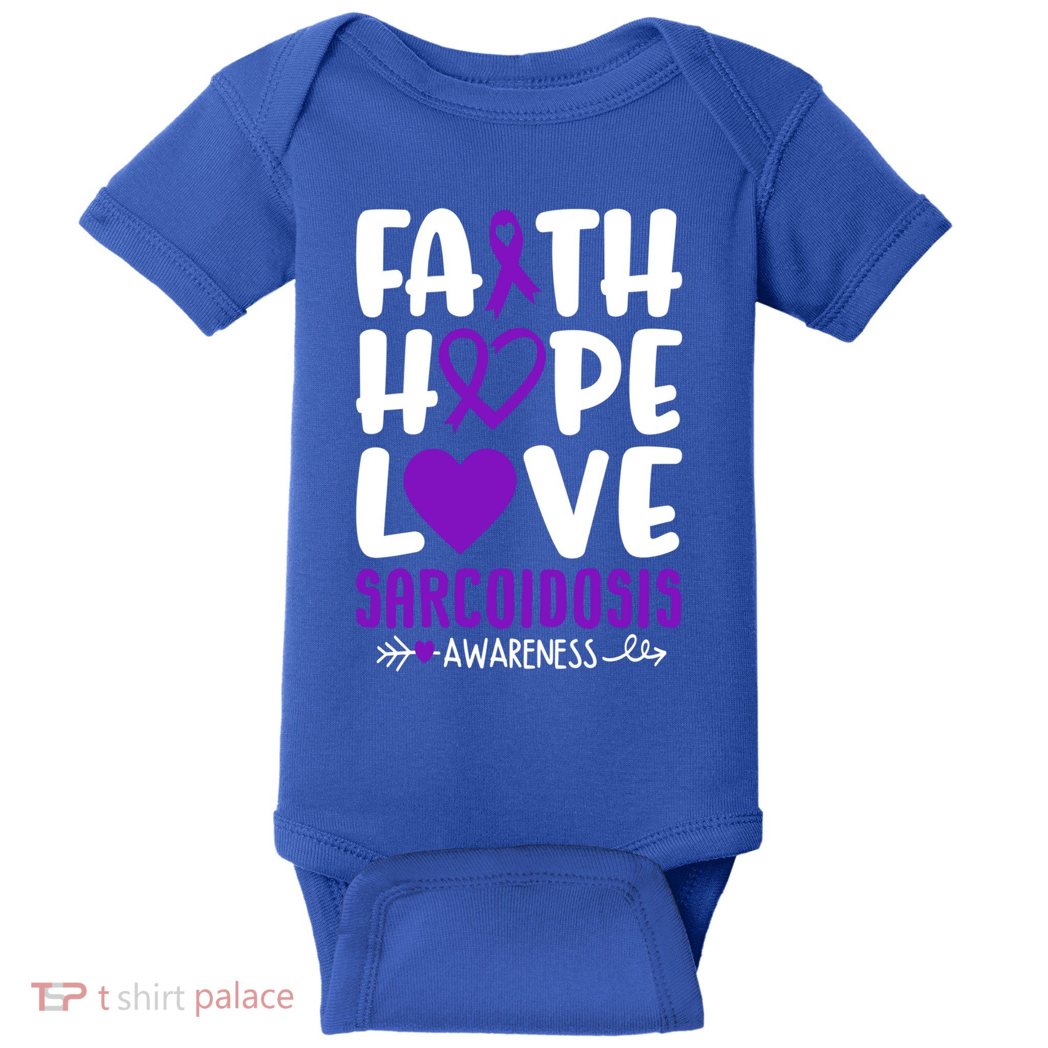 Faith Hope Love Sarcoidosis Awareness Ribbon Heart Purple Gift Baby Bodysuit