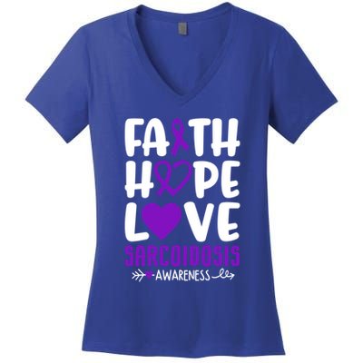 Faith Hope Love Sarcoidosis Awareness Ribbon Heart Purple Gift Women's V-Neck T-Shirt