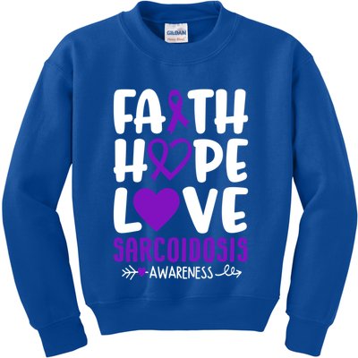 Faith Hope Love Sarcoidosis Awareness Ribbon Heart Purple Gift Kids Sweatshirt