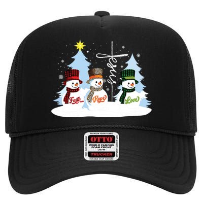 Faith Hope Love Snowman Jesus Christian Christmas High Crown Mesh Back Trucker Hat