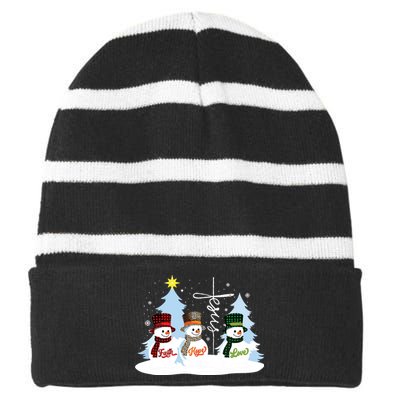 Faith Hope Love Snowman Jesus Christian Christmas Striped Beanie with Solid Band