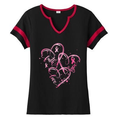 Faith Hope Love Pink Ribbon Breast Cancer Awareness Heart Ladies Halftime Notch Neck Tee