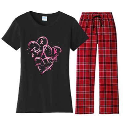 Faith Hope Love Pink Ribbon Breast Cancer Awareness Heart Women's Flannel Pajama Set