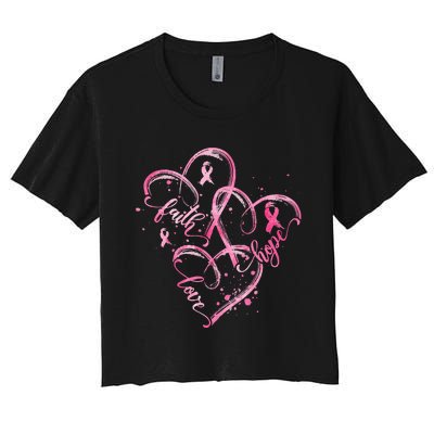 Faith Hope Love Pink Ribbon Breast Cancer Awareness Heart Women's Crop Top Tee