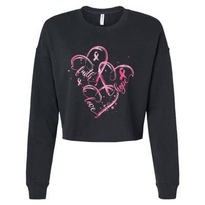 Faith Hope Love Pink Ribbon Breast Cancer Awareness Heart Cropped Pullover Crew