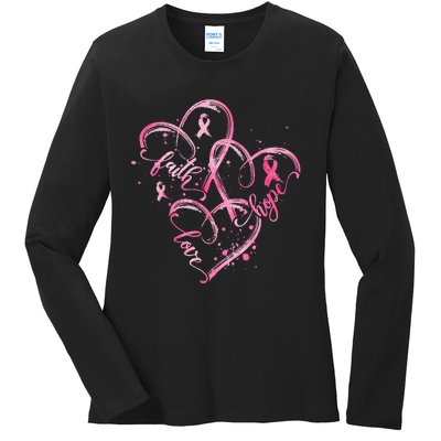 Faith Hope Love Pink Ribbon Breast Cancer Awareness Heart Ladies Long Sleeve Shirt