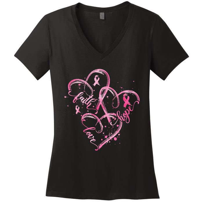 Faith Hope Love Pink Ribbon Breast Cancer Awareness Heart Women's V-Neck T-Shirt