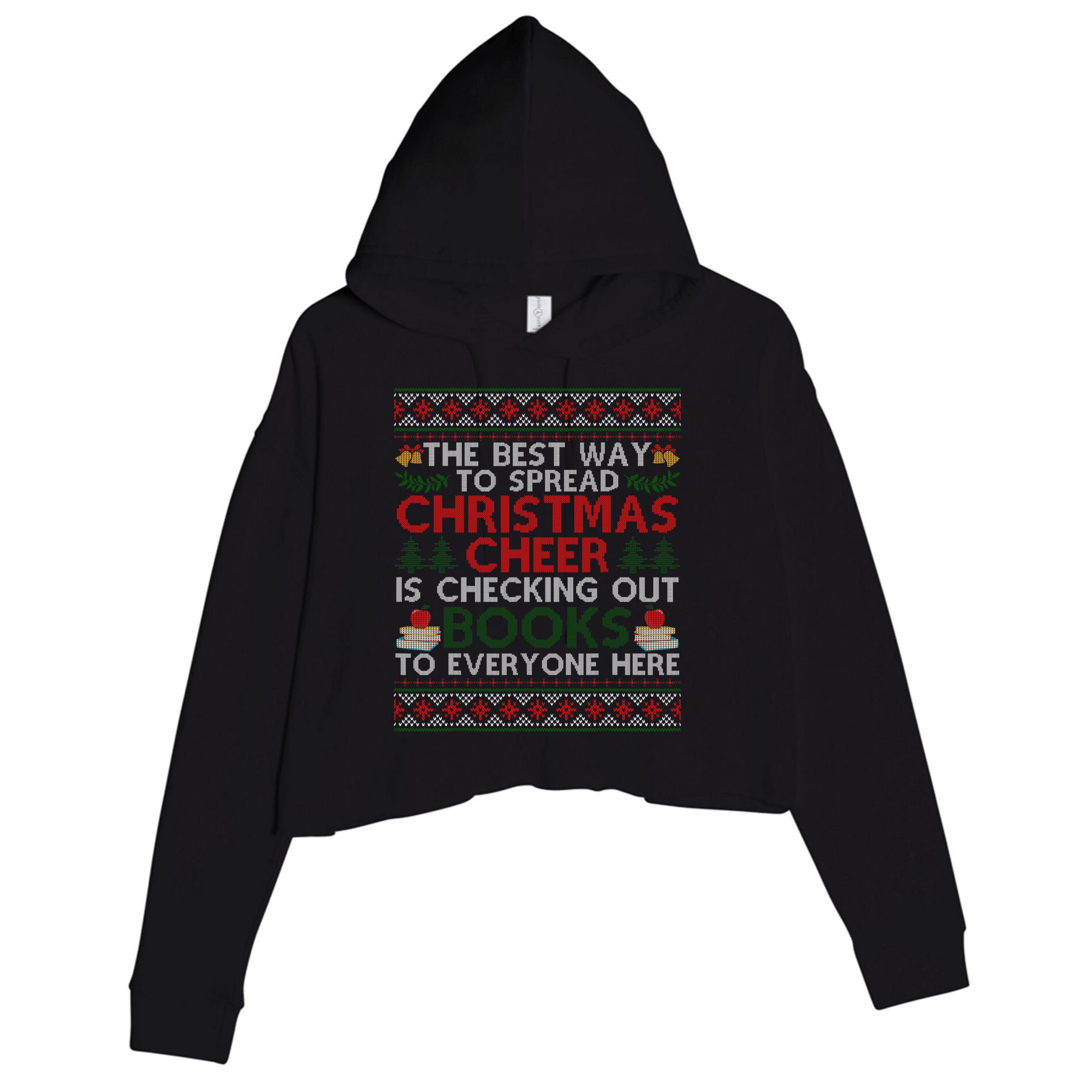 Funny Holiday Librarian Christmas Cheer Ugly Sweater Crop Fleece Hoodie