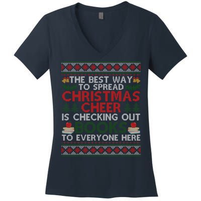 Funny Holiday Librarian Christmas Cheer Ugly Sweater Women's V-Neck T-Shirt