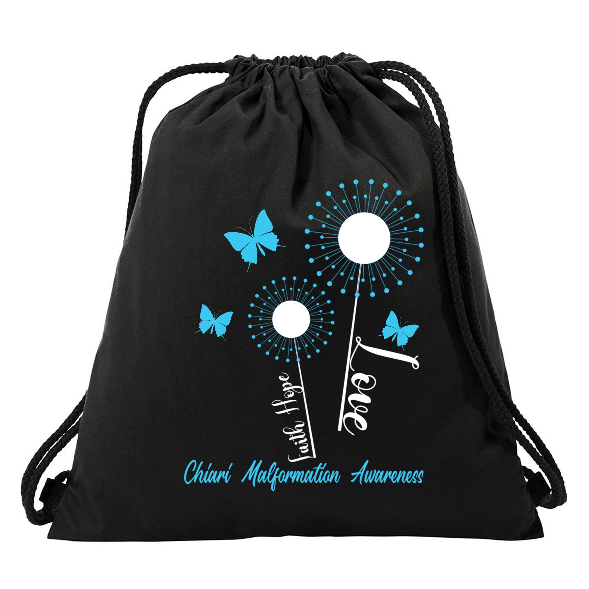 Faith Hope Love Dandelion Chiari Malformation Awareness Drawstring Bag