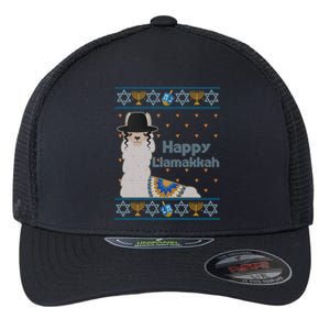 Funny Happy Llamakkah Ugly Hanukkah Sweater Flexfit Unipanel Trucker Cap