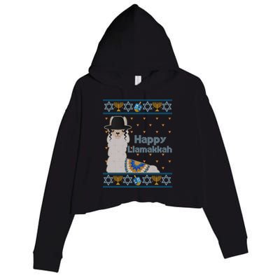 Funny Happy Llamakkah Ugly Hanukkah Sweater Crop Fleece Hoodie