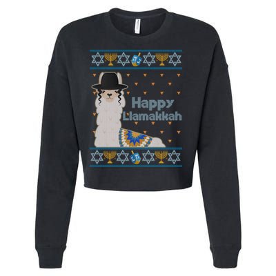 Funny Happy Llamakkah Ugly Hanukkah Sweater Cropped Pullover Crew