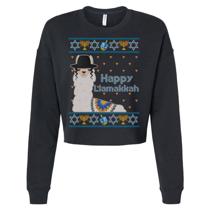 Funny Happy Llamakkah Ugly Hanukkah Sweater Cropped Pullover Crew