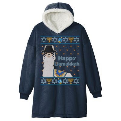 Funny Happy Llamakkah Ugly Hanukkah Sweater Hooded Wearable Blanket