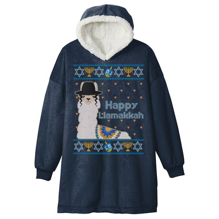 Funny Happy Llamakkah Ugly Hanukkah Sweater Hooded Wearable Blanket