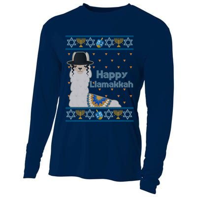 Funny Happy Llamakkah Ugly Hanukkah Sweater Cooling Performance Long Sleeve Crew