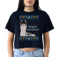 Funny Happy Llamakkah Ugly Hanukkah Sweater Crop Top