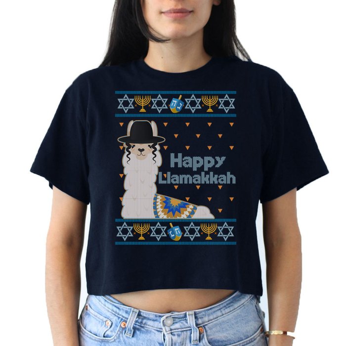 Funny Happy Llamakkah Ugly Hanukkah Sweater Crop Top