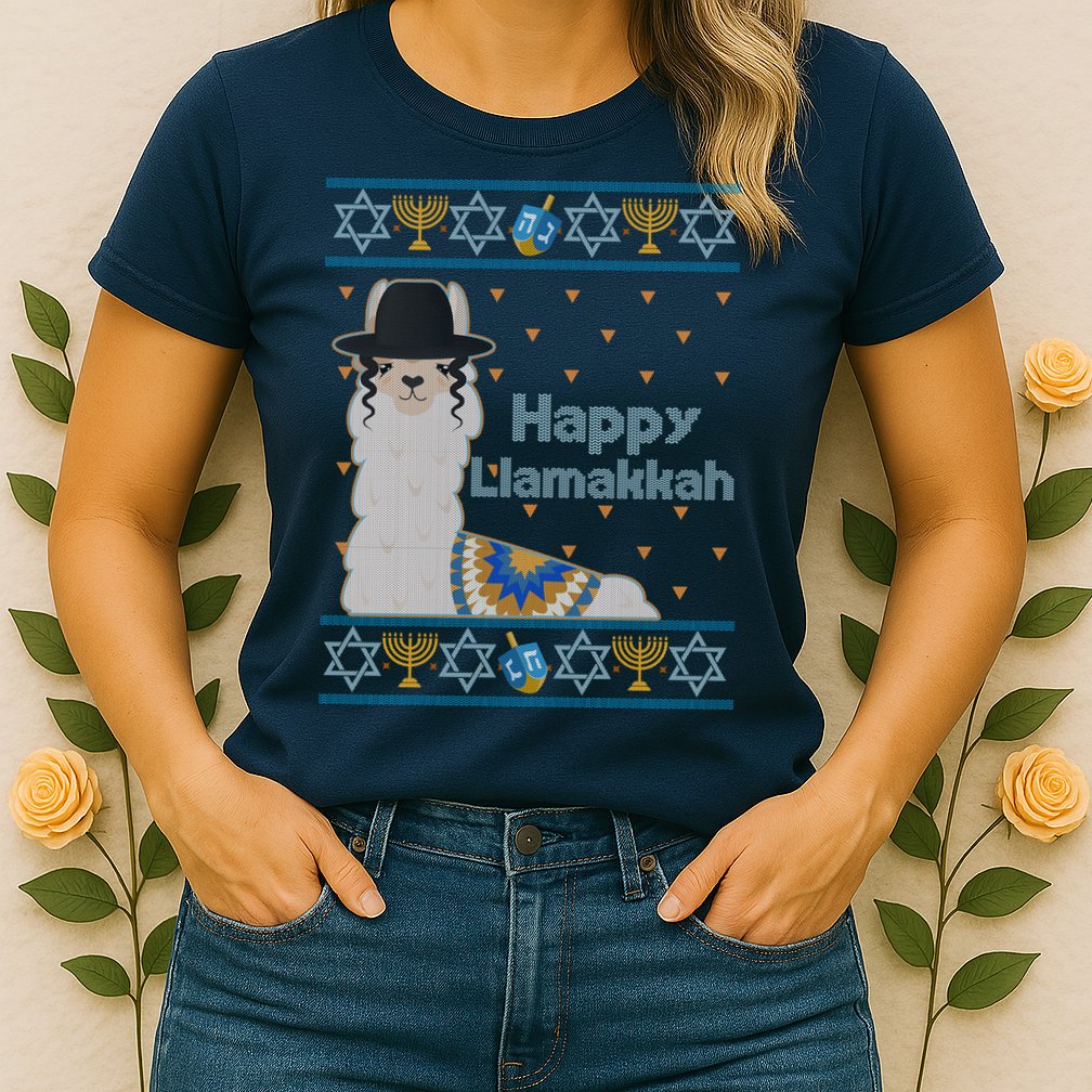Funny Happy Llamakkah Ugly Hanukkah Sweater Womens T-Shirt