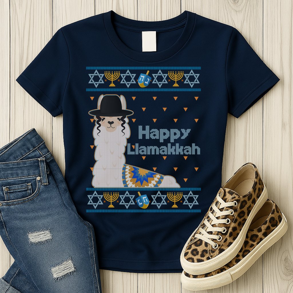 Funny Happy Llamakkah Ugly Hanukkah Sweater Womens T-Shirt