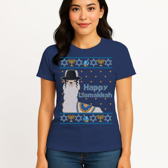 Funny Happy Llamakkah Ugly Hanukkah Sweater Womens T-Shirt