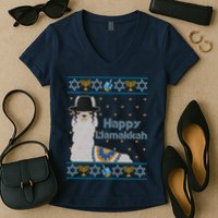 Funny Happy Llamakkah Ugly Hanukkah Sweater Women's V-Neck T-Shirt
