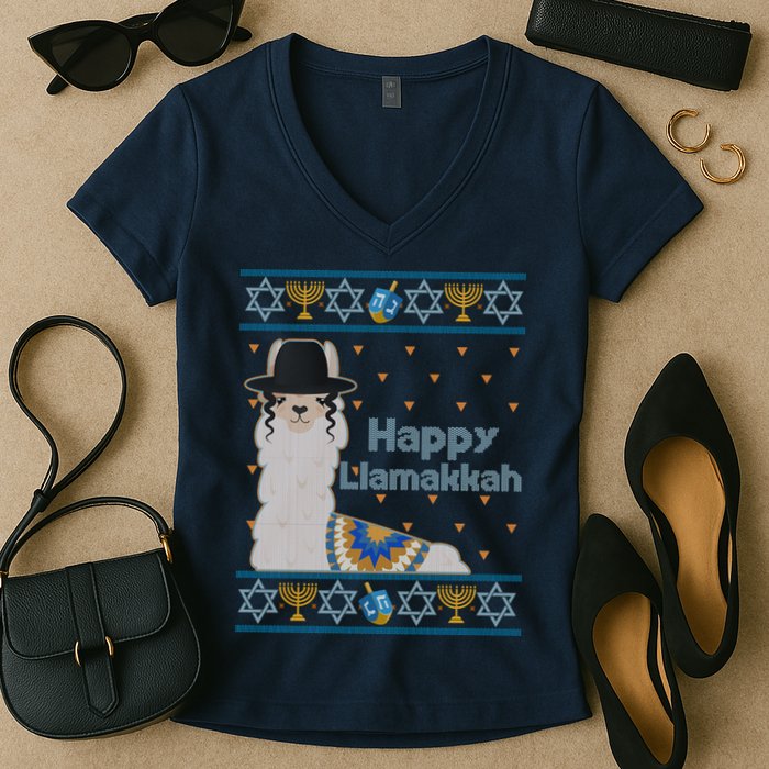 Funny Happy Llamakkah Ugly Hanukkah Sweater Women's V-Neck T-Shirt