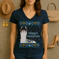Funny Happy Llamakkah Ugly Hanukkah Sweater Women's V-Neck T-Shirt