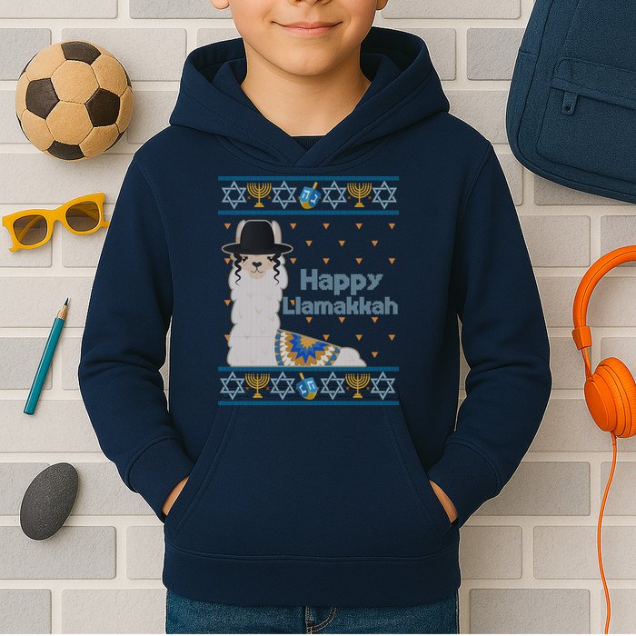 Funny Happy Llamakkah Ugly Hanukkah Sweater Kids Hoodie