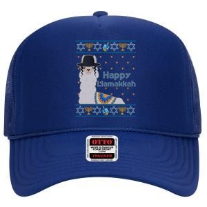 Funny Happy Llamakkah Ugly Hanukkah Sweater High Crown Mesh Back Trucker Hat