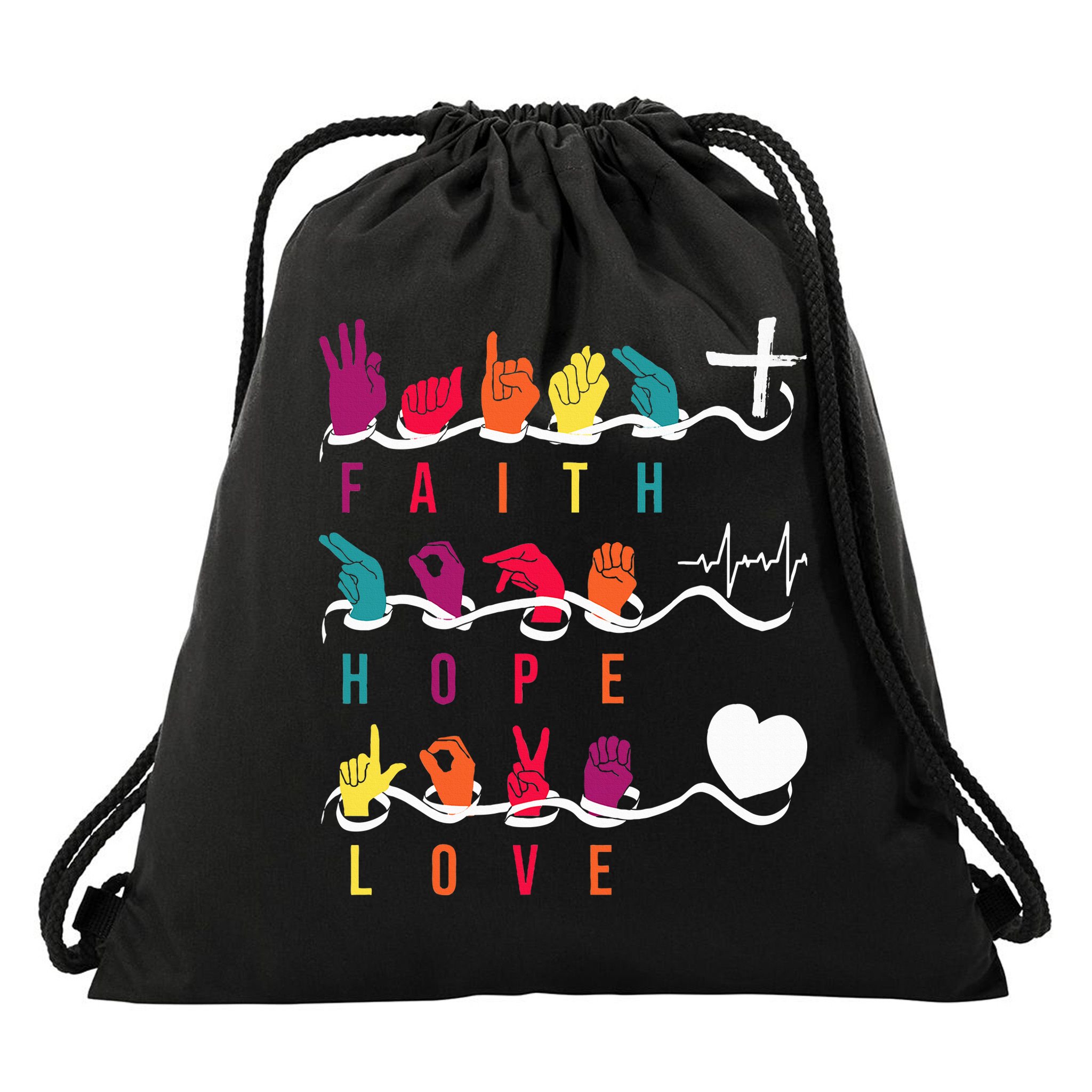 Faith Hope Love Asl American Sign Language Drawstring Bag