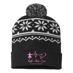 Faith Hope Love Breast Cancer Awareness Ribbon Heartbeat USA-Made Snowflake Beanie