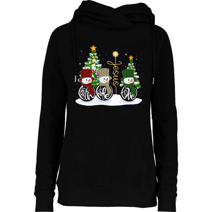 Faith Hope Love Snowman Jesus Funny Xmas Cross For Christian Womens Funnel Neck Pullover Hood