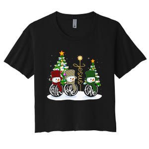 Faith Hope Love Snowman Jesus Funny Xmas Cross For Christian Women's Crop Top Tee