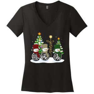 Faith Hope Love Snowman Jesus Funny Xmas Cross For Christian Women's V-Neck T-Shirt