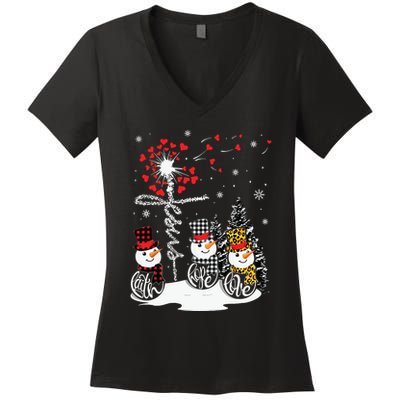 Faith Hope Love Snowman Jesus Dandelion Christian Christmas Women's V-Neck T-Shirt