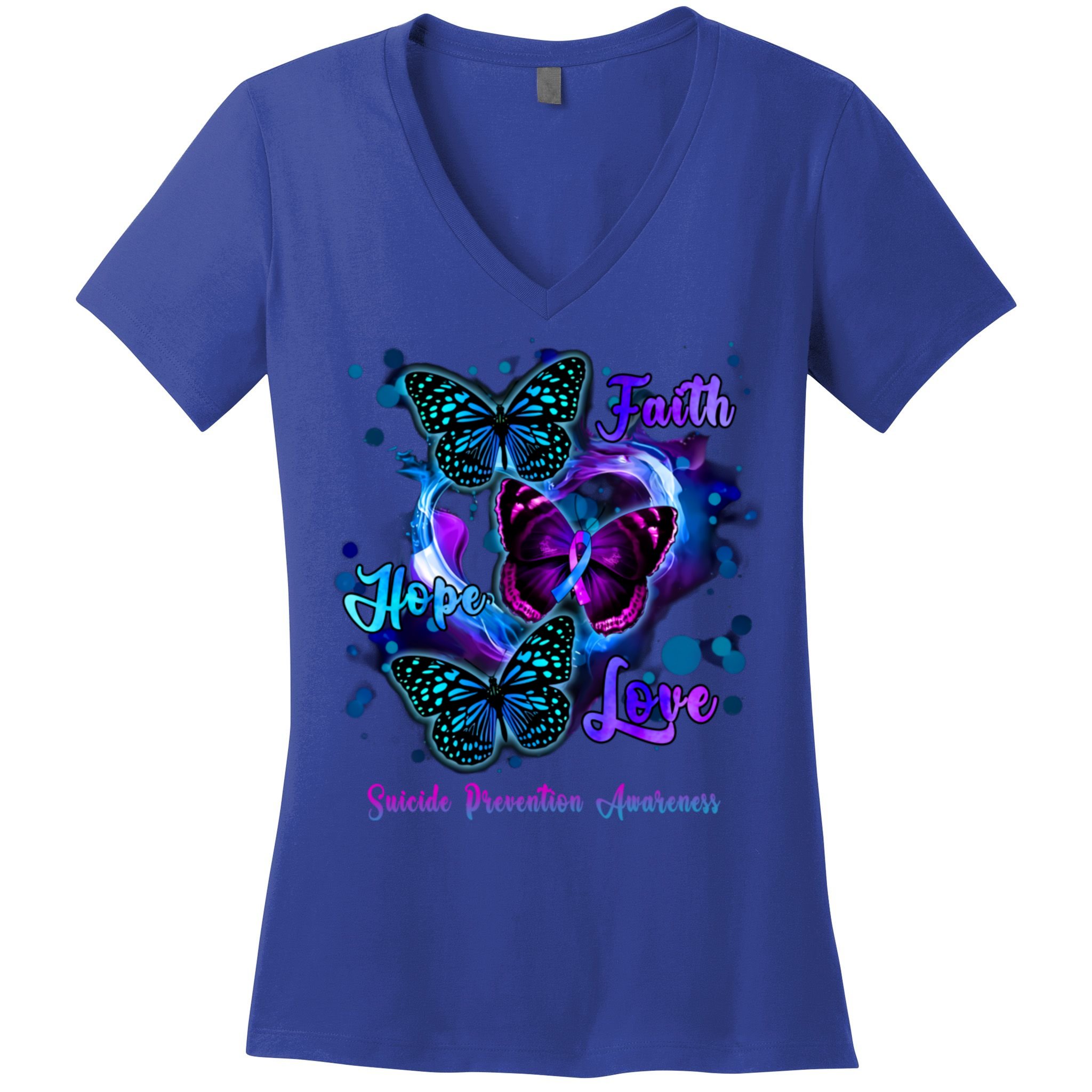 Faith Hope Love Butterfly Suicide Prevention Awareness Women's V-Neck T-Shirt
