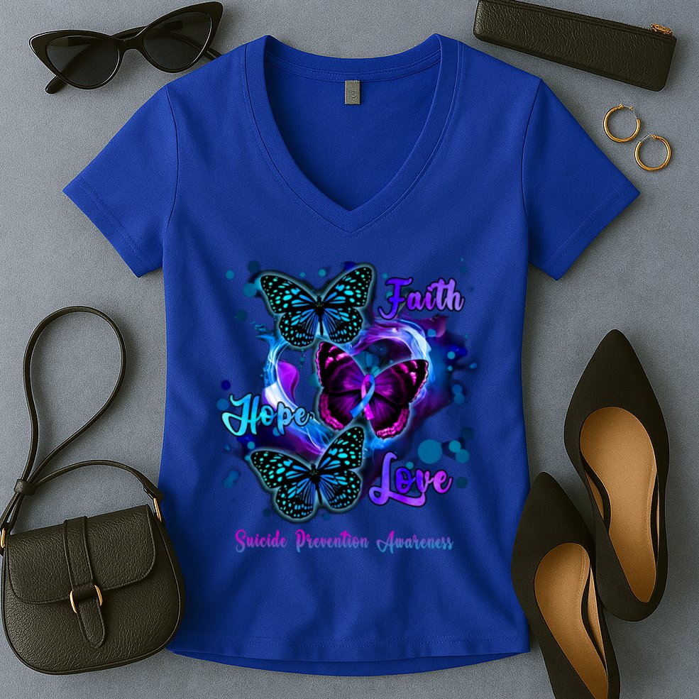 Faith Hope Love Butterfly Suicide Prevention Awareness Women's V-Neck T-Shirt