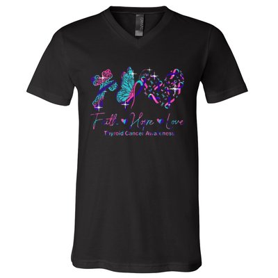 Faith Hope Love Ribbon Thyroid Cancer Awareness V-Neck T-Shirt