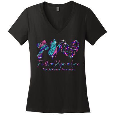 Faith Hope Love Ribbon Thyroid Cancer Awareness Women's V-Neck T-Shirt