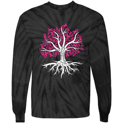 Faith Hope Love Tree Pink Ribbon Breast Cancer Awareness Tie-Dye Long Sleeve Shirt