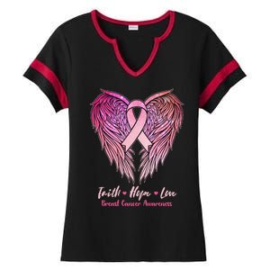 Faith Hope Love Breast Cancer Awareness Winged Pink Ribbon Ladies Halftime Notch Neck Tee