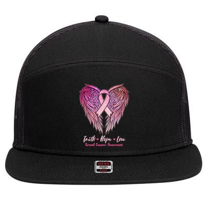 Faith Hope Love Breast Cancer Awareness Winged Pink Ribbon 7 Panel Mesh Trucker Snapback Hat