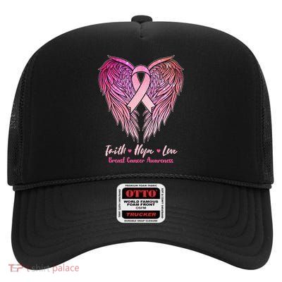 Faith Hope Love Breast Cancer Awareness Winged Pink Ribbon High Crown Mesh Back Trucker Hat
