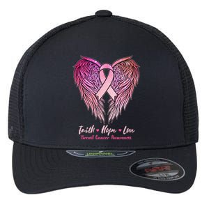 Faith Hope Love Breast Cancer Awareness Winged Pink Ribbon Flexfit Unipanel Trucker Cap