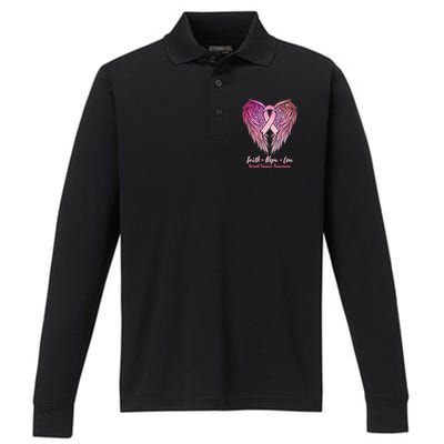 Faith Hope Love Breast Cancer Awareness Winged Pink Ribbon Performance Long Sleeve Polo